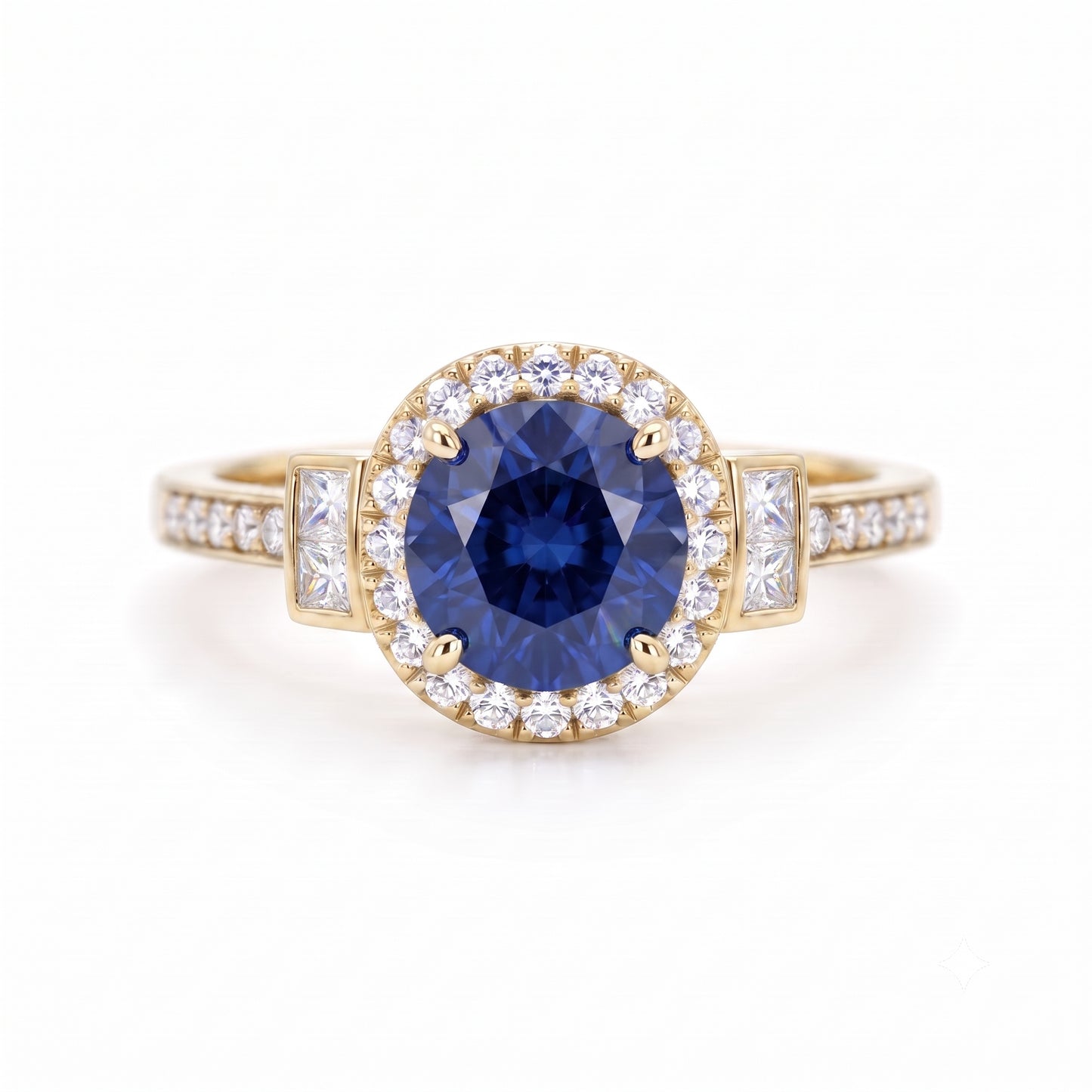 1.500 CT Round Cut Halo Blue Sapphire Lab Grown Diamond Engagement Ring