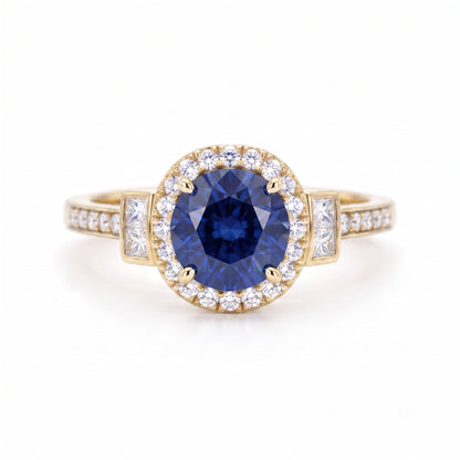 1.500 CT Round Cut Halo Blue Sapphire Lab Grown Diamond Engagement Ring