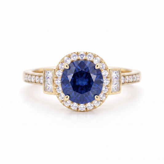 1.500 CT Round Cut Halo Blue Sapphire Lab Grown Diamond Engagement Ring