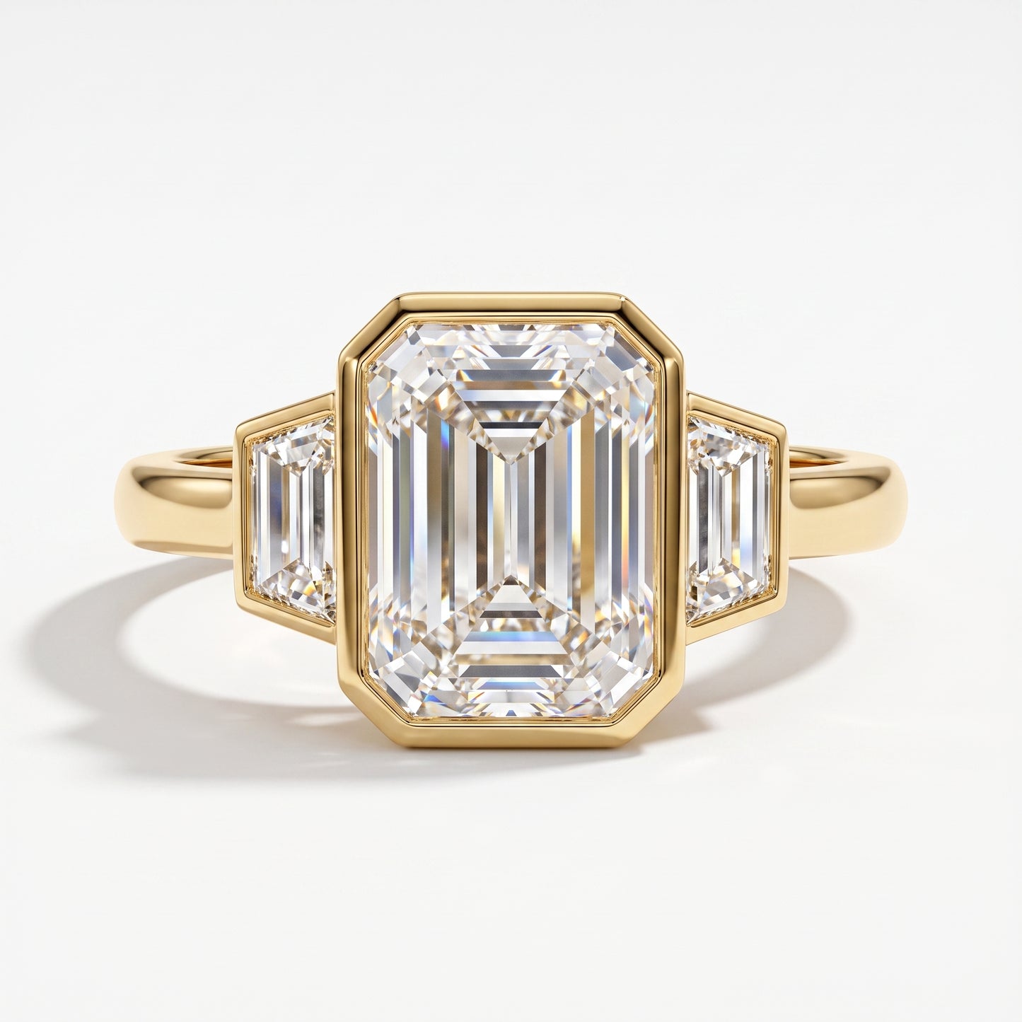2.06 CT Emerald Cut Lab Grown Diamond Bezel Set Three Stone Engagement Ring