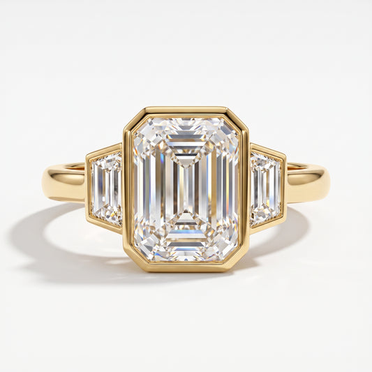 2.06 CT Emerald Cut Lab Grown Diamond Bezel Set Three Stone Engagement Ring