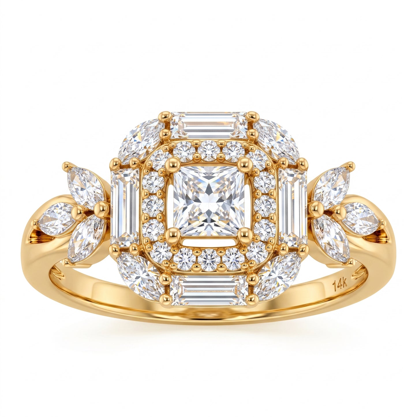 1.20 CT Princess Cut Lab Grown Diamond Floral Halo Engagement Ring, 14K Gold