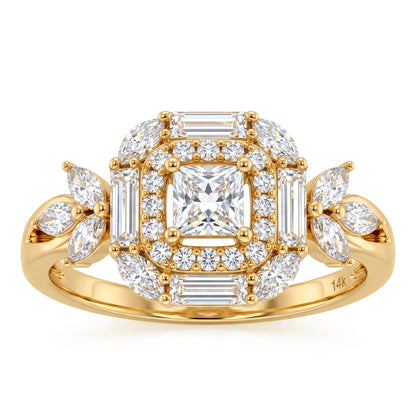 1.20 CT Princess Cut Lab Grown Diamond Floral Halo Engagement Ring, 14K Gold