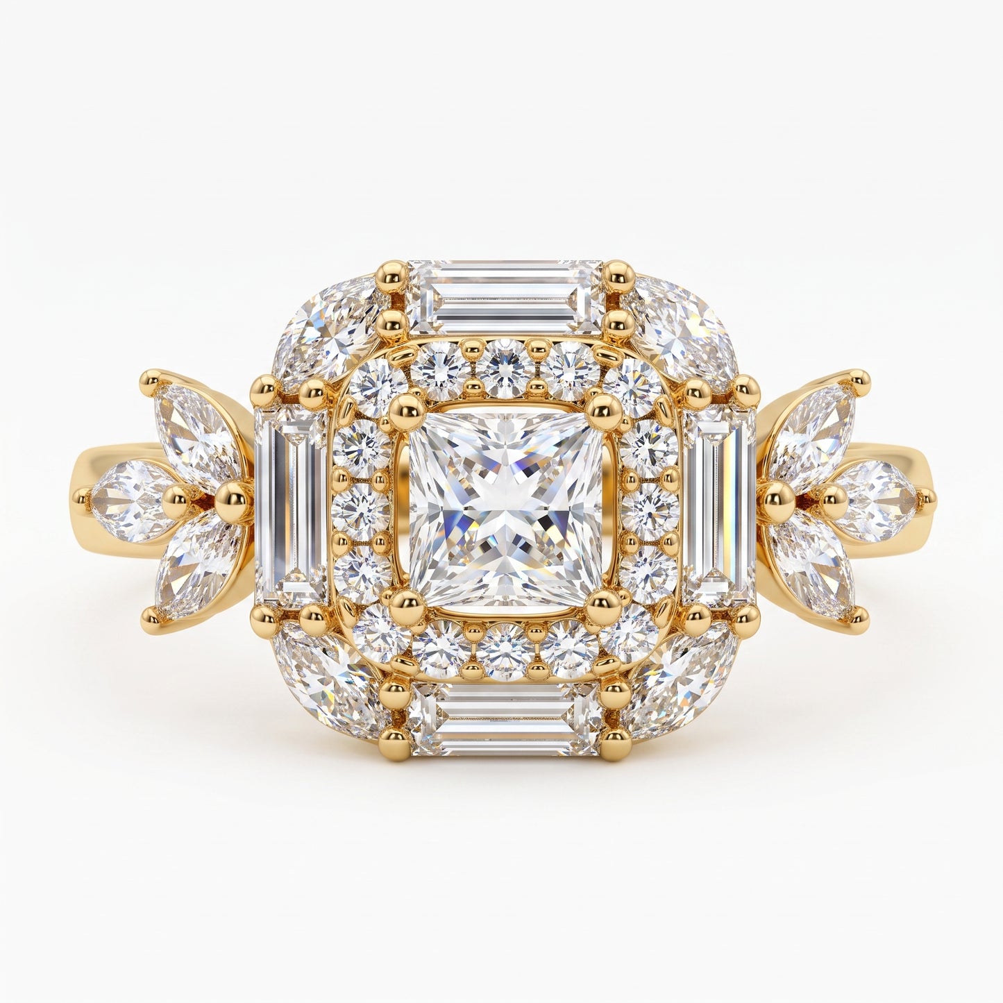1.20 CT Princess Cut Lab Grown Diamond Floral Halo Engagement Ring, 14K Gold