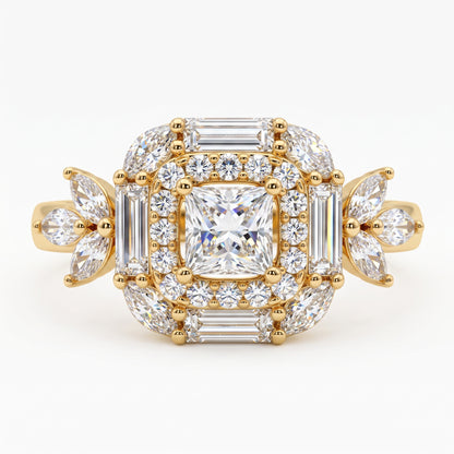 1.20 CT Princess Cut Lab Grown Diamond Floral Halo Engagement Ring, 14K Gold