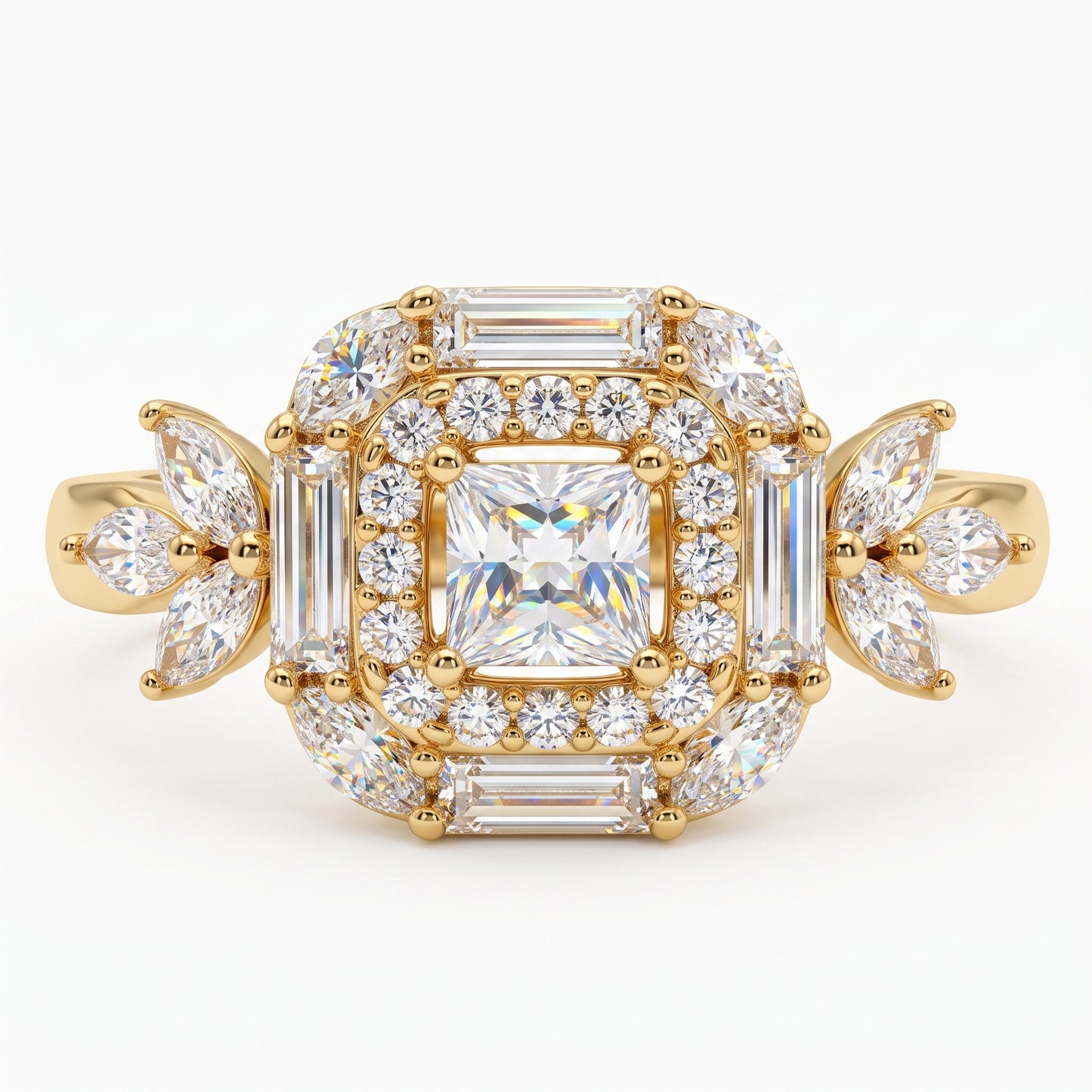 1.20 CT Princess Cut Lab Grown Diamond Floral Halo Engagement Ring, 14K Gold
