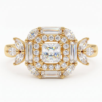 1.20 CT Princess Cut Lab Grown Diamond Floral Halo Engagement Ring, 14K Gold