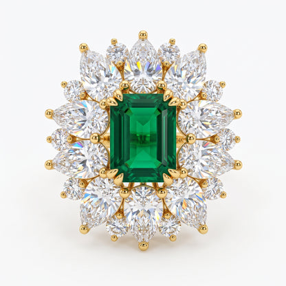 4.30 CT Emerald Cut Emerald Floral Halo Engagement Ring in Gold