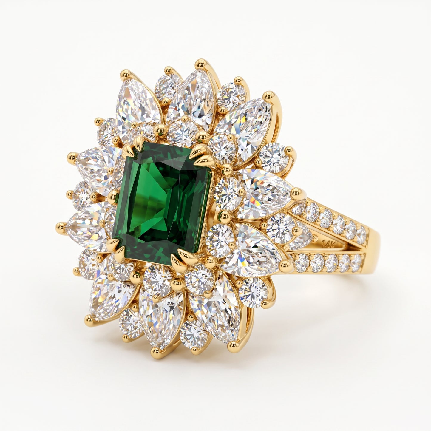 4.30 CT Emerald Cut Emerald Floral Halo Engagement Ring in Gold