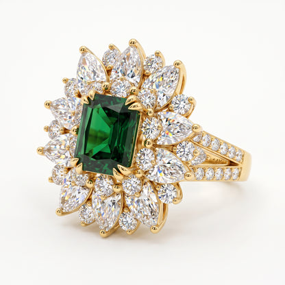 4.30 CT Emerald Cut Emerald Floral Halo Engagement Ring in Gold