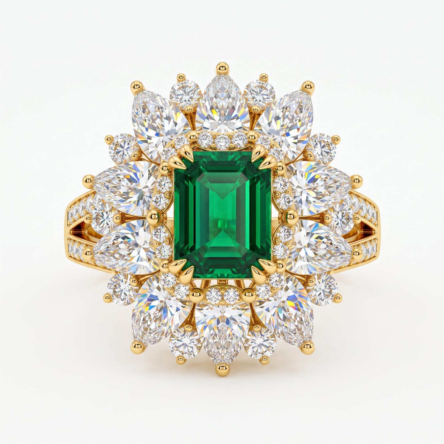 4.30 CT Emerald Cut Emerald Floral Halo Engagement Ring in Gold