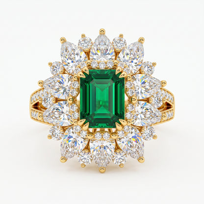 4.30 CT Emerald Cut Emerald Floral Halo Engagement Ring in Gold
