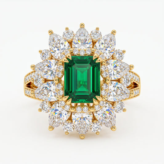 4.30 CT Emerald Cut Emerald Floral Halo Engagement Ring in Gold