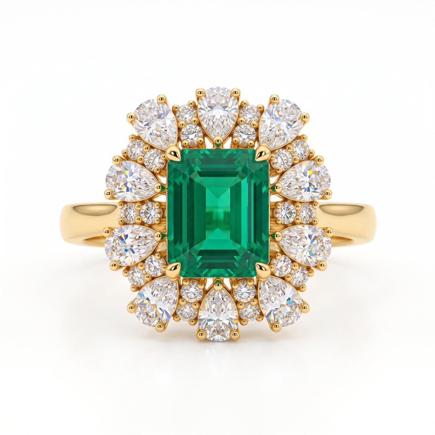 3.80 CT Emerald Cut Emerald Lab Grown Diamond Floral Halo Engagement Ring