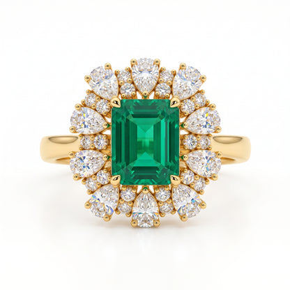 3.80 CT Emerald Cut Emerald Lab Grown Diamond Floral Halo Engagement Ring