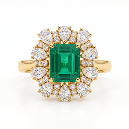 3.80 CT Emerald Cut Emerald Lab Grown Diamond Floral Halo Engagement Ring