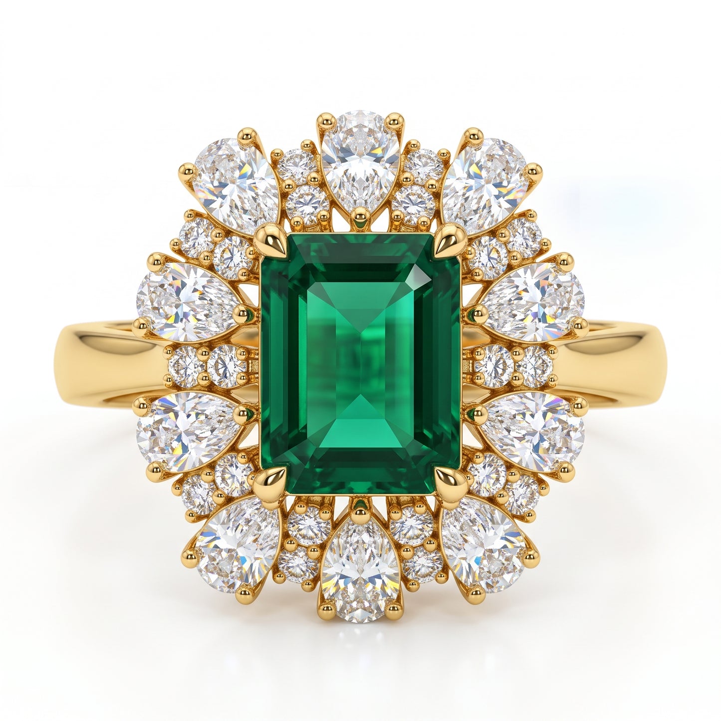 3.80 CT Emerald Cut Emerald Lab Grown Diamond Floral Halo Engagement Ring