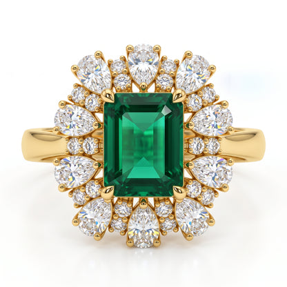 3.80 CT Emerald Cut Emerald Lab Grown Diamond Floral Halo Engagement Ring