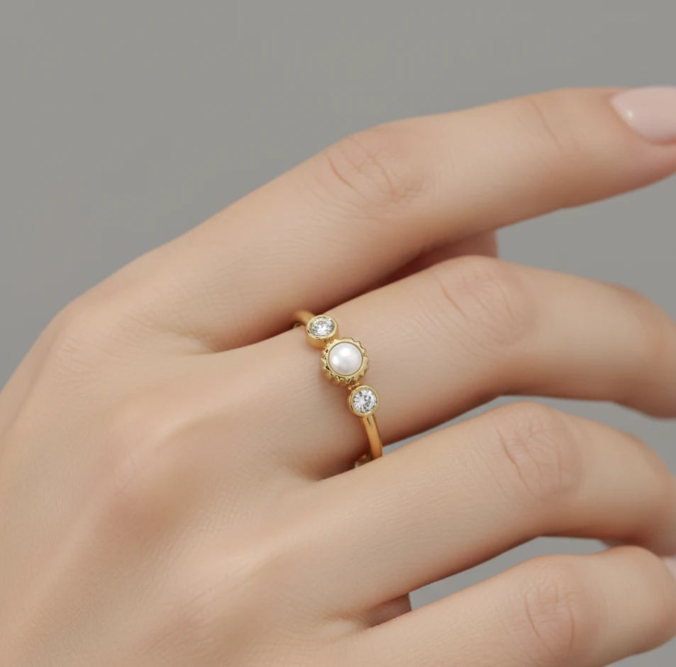 Pearl & Diamond Dainty Ring | 14K Solid Gold Stacking Jewelry