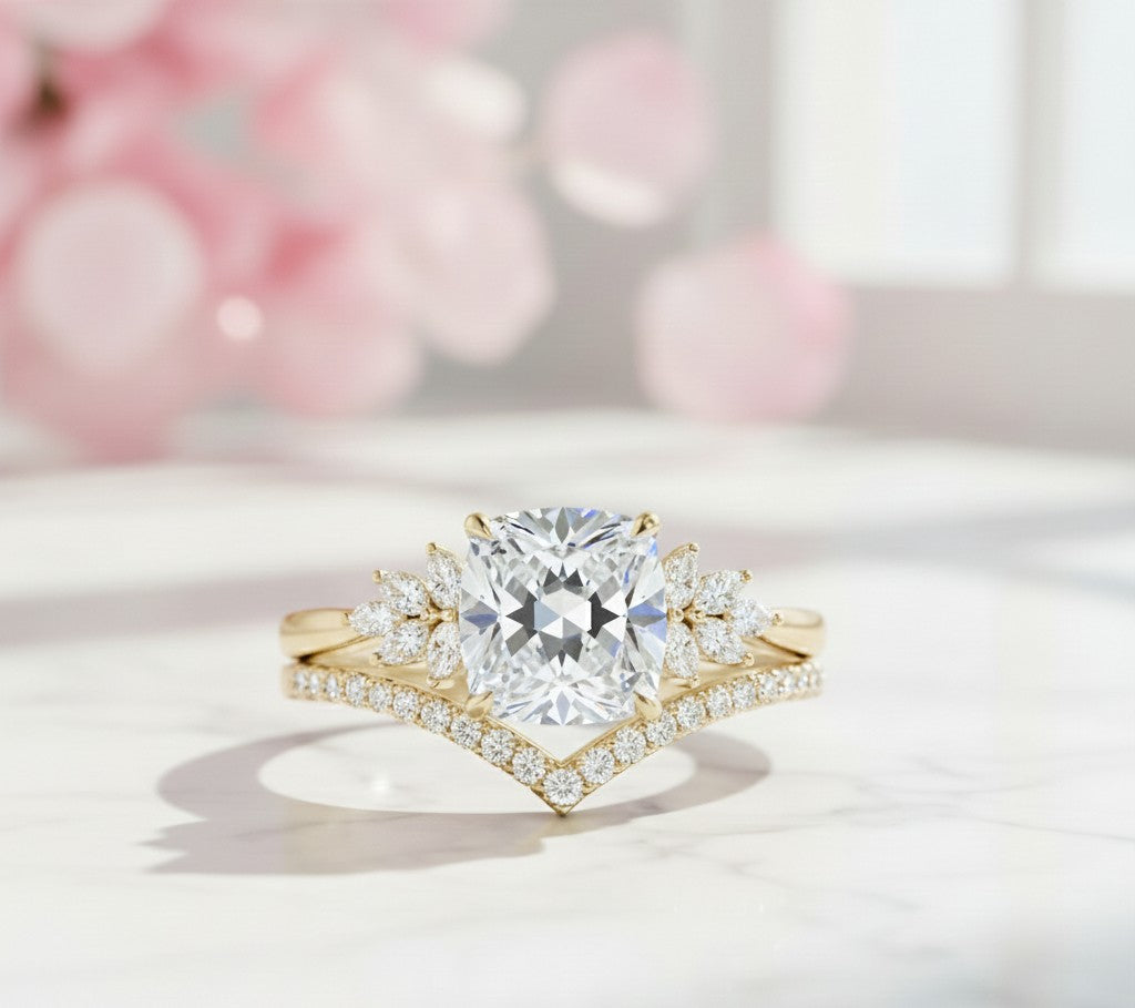 1.65 Ct Cushion Cut Diamond Ring Set – Chevron Wedding Band