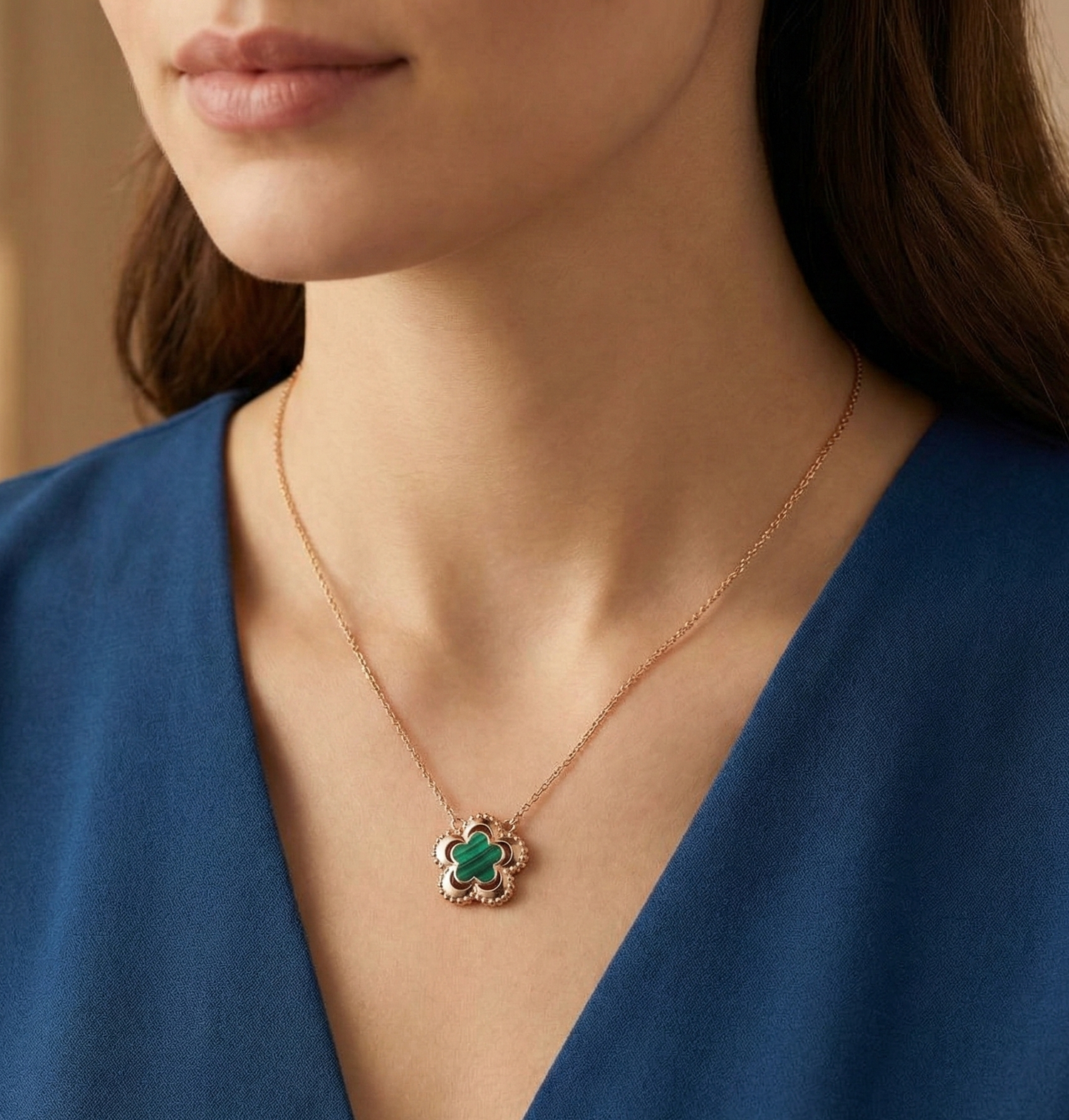 13.4 mm Green Malachite Clover Pendant Necklace