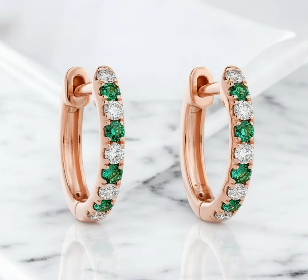 Alternating Lab-Grown Diamond & Emerald Petite Hoop Earrings