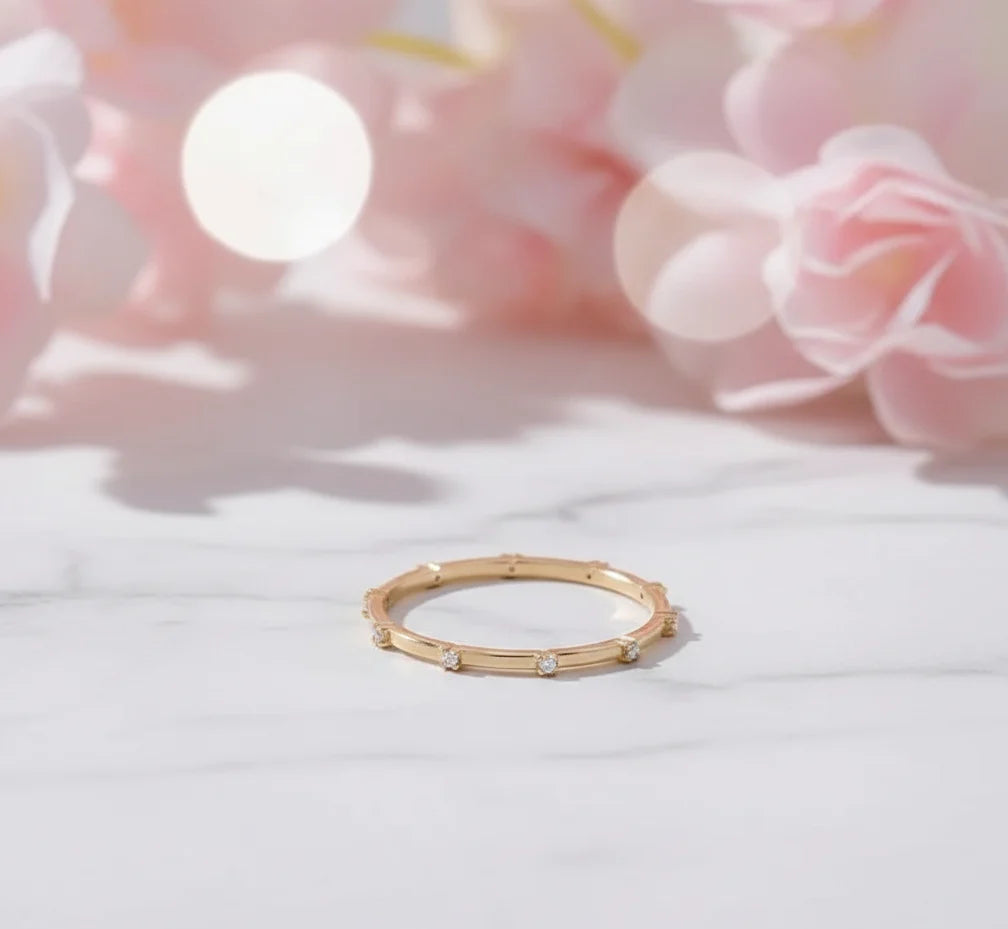 14K Gold Beaded Rosary Ring with Moissanite – Unique Jewelry Gift for Her