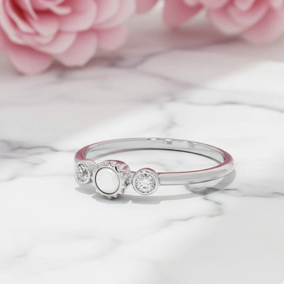 Pearl & Diamond Dainty Ring | 14K Solid Gold Stacking Jewelry