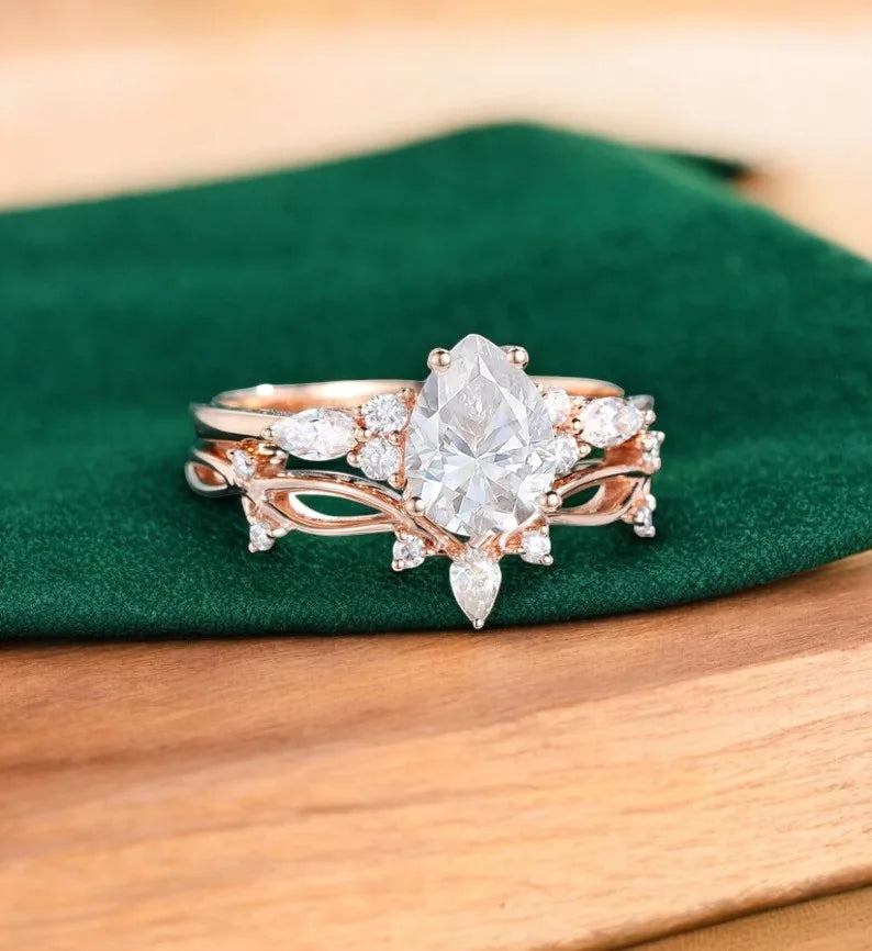 1.60 ct Pear Lab Diamond Ring Set | Rose Gold Engagement