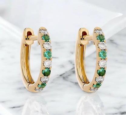 Alternating Lab-Grown Diamond & Emerald Petite Hoop Earrings