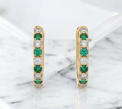 Alternating Lab-Grown Diamond & Emerald Petite Hoop Earrings