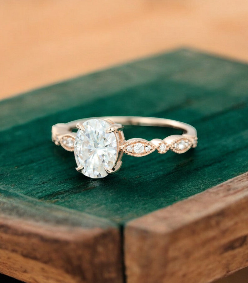 1.25 ct Oval Lab Grown Diamond Engagement Ring • Vintage Rose Gold Ring with Milgrain Detail