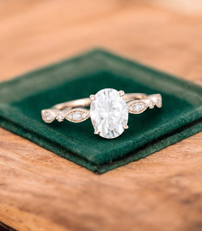 1.25 ct Oval Lab Grown Diamond Engagement Ring • Vintage Rose Gold Ring with Milgrain Detail