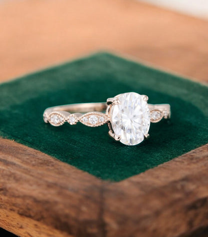 1.25 ct Oval Lab Grown Diamond Engagement Ring • Vintage Rose Gold Ring with Milgrain Detail