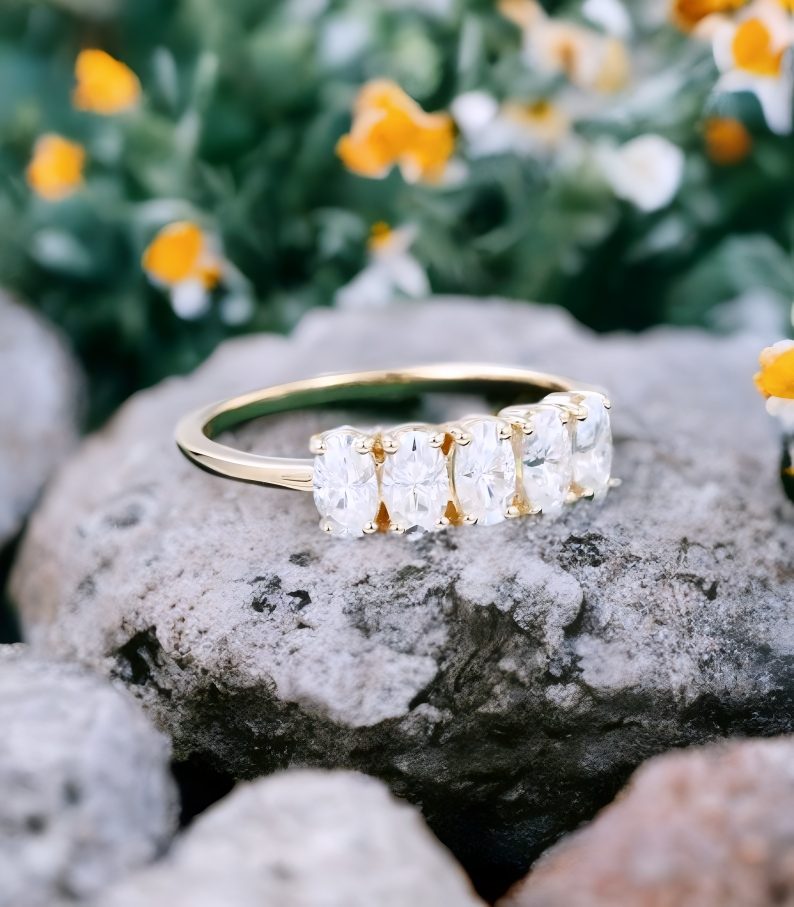 1.50Ct Oval Cut Lab Grown Diamond 5 Stone Engagement Ring • 14K Yellow Gold Band