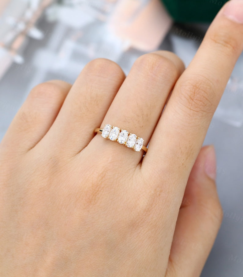 1.50Ct Oval Cut Lab Grown Diamond 5 Stone Engagement Ring • 14K Yellow Gold Band
