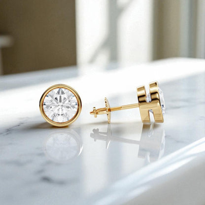 3 Carat Round Cut Lab Grown Diamond Stud Earrings • Bezel Set Basket Studs