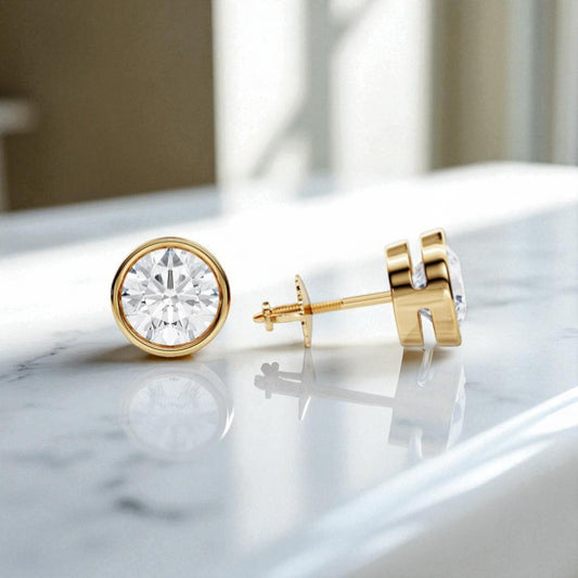 3 Carat Round Cut Lab Grown Diamond Stud Earrings • Bezel Set Basket Studs