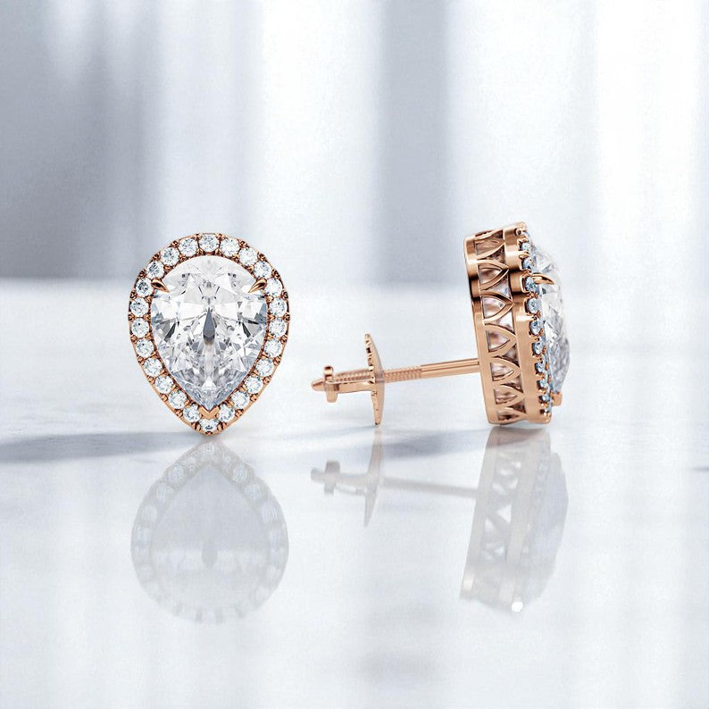 2 Carat Pear Cut Lab Grown Diamond Earrings • Halo Diamond Screw Back Studs