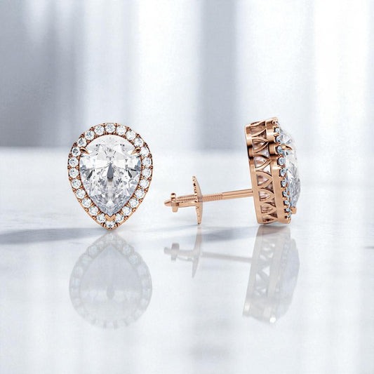 2 Carat Pear Cut Lab Grown Diamond Earrings • Halo Diamond Screw Back Studs
