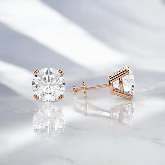 1.00Carat Lab Grown Diamond Stud Earrings • Round Cut Solitaire in 14K Rose Gold