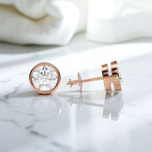 3 Carat Round Cut Lab Grown Diamond Stud Earrings • Bezel Set Basket Studs