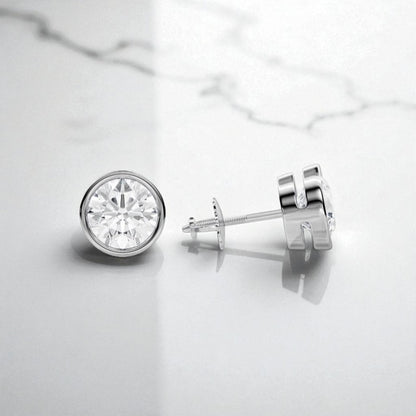 3 Carat Round Cut Lab Grown Diamond Stud Earrings • Bezel Set Basket Studs