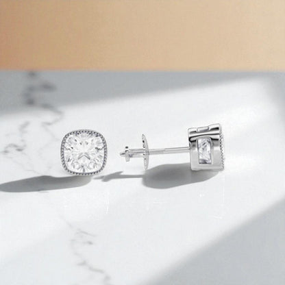 2.0 Ct Square Cushion Lab Grown Diamond Earrings • Milgrain Bezel Studs
