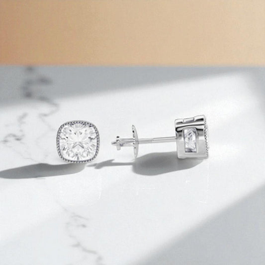 2.0 Ct Square Cushion Lab Grown Diamond Earrings • Milgrain Bezel Studs