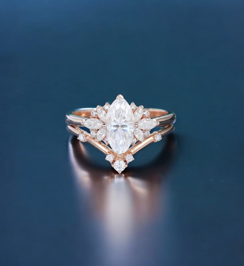 1.00ct Marquise cut  Natural Diamond Engagement Ring Set