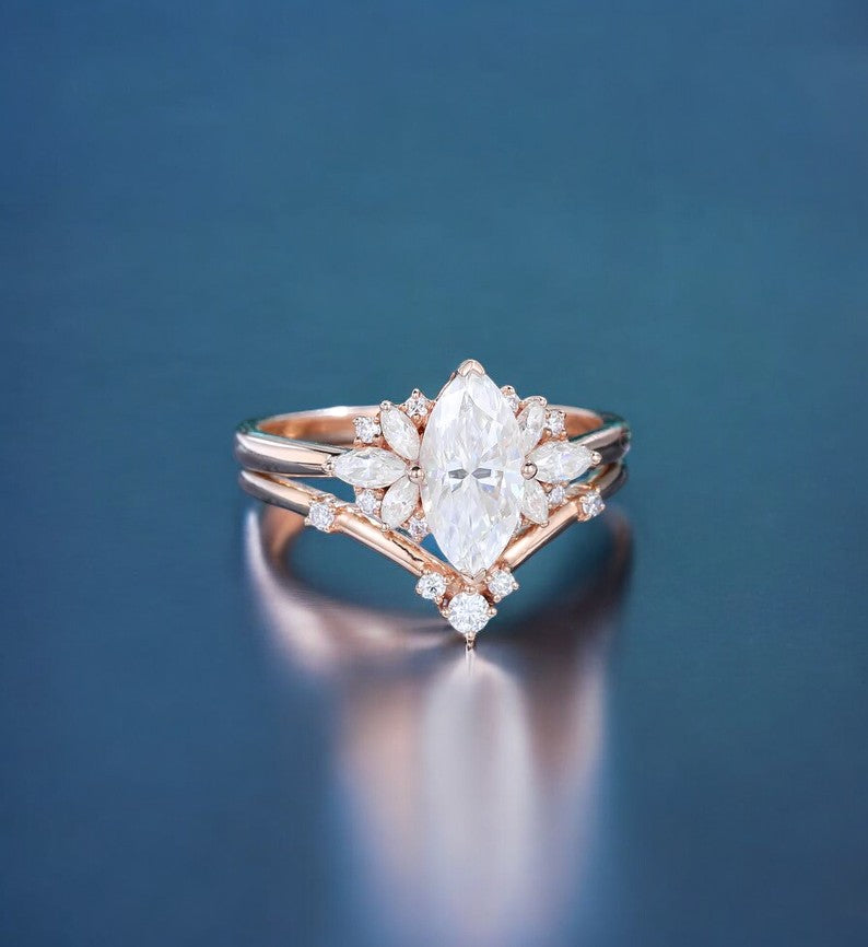 1.00ct Marquise cut  Natural Diamond Engagement Ring Set