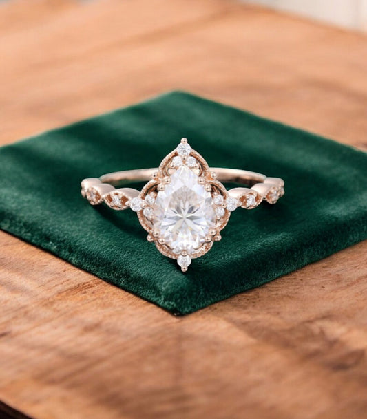 1.25 ct Pear Shaped Lab Grown Diamond Engagement Ring • Vintage Halo Ring