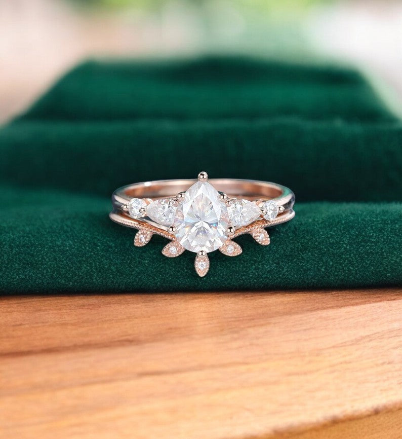 1.680ct Pear Shaped Lab Grown Diamond Engagement Ring Set • Rose Gold Vintage Bridal Set