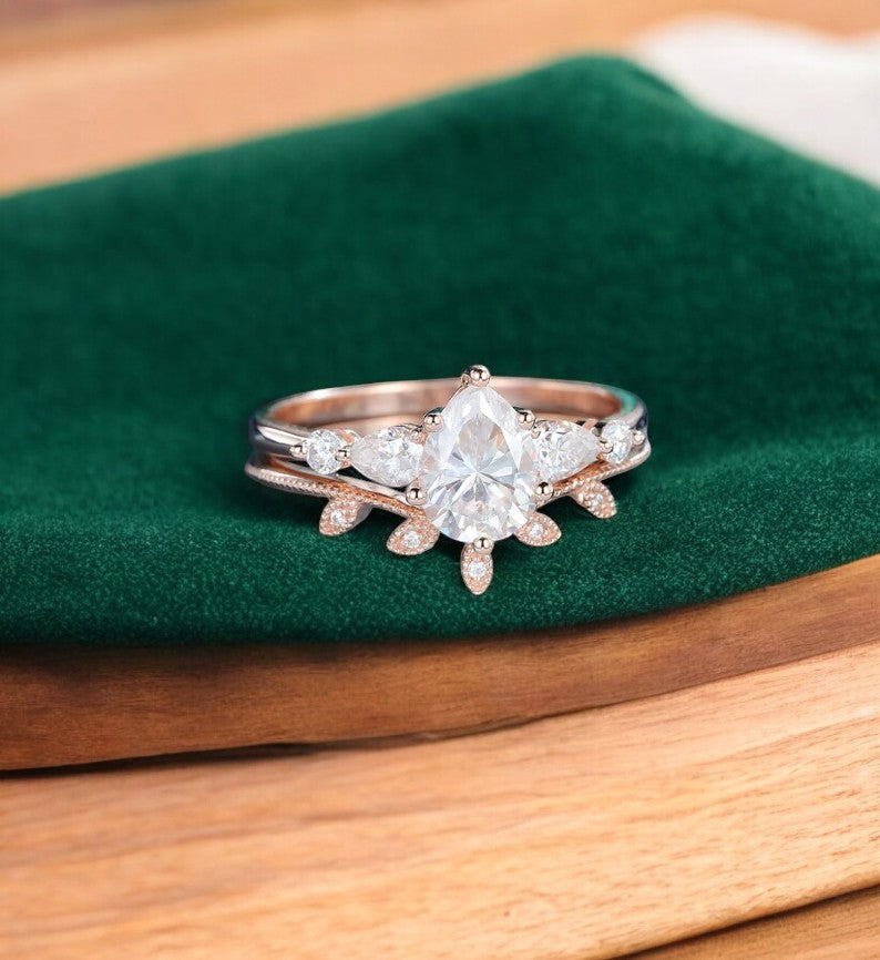 1.680ct Pear Shaped Lab Grown Diamond Engagement Ring Set • Rose Gold Vintage Bridal Set